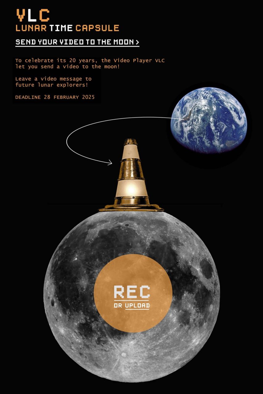 this is a screenshot of the vlc lunar time capsule website with a lot of text and the photo of the earth and moon being shown, the latter of which has a golden vlc cone on top of it