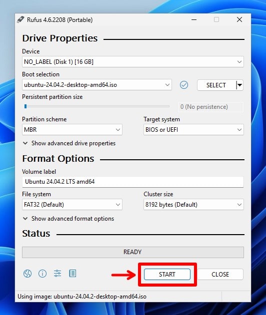 Launch the creation of a bootable Linux USB on Windows.