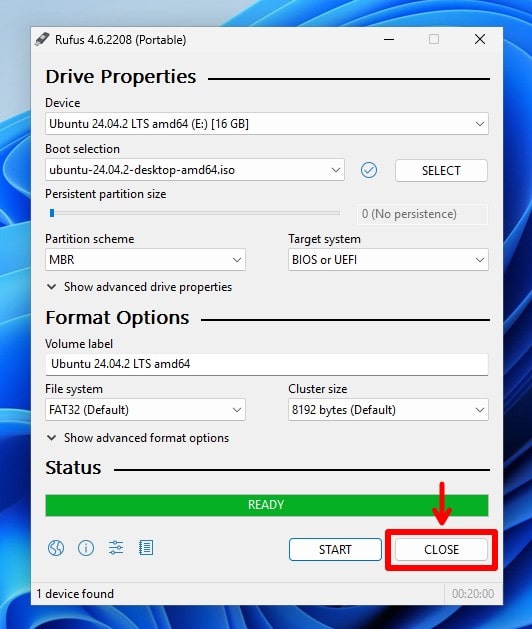 A bootable USB drive was successfully created from a Linux ISO file.