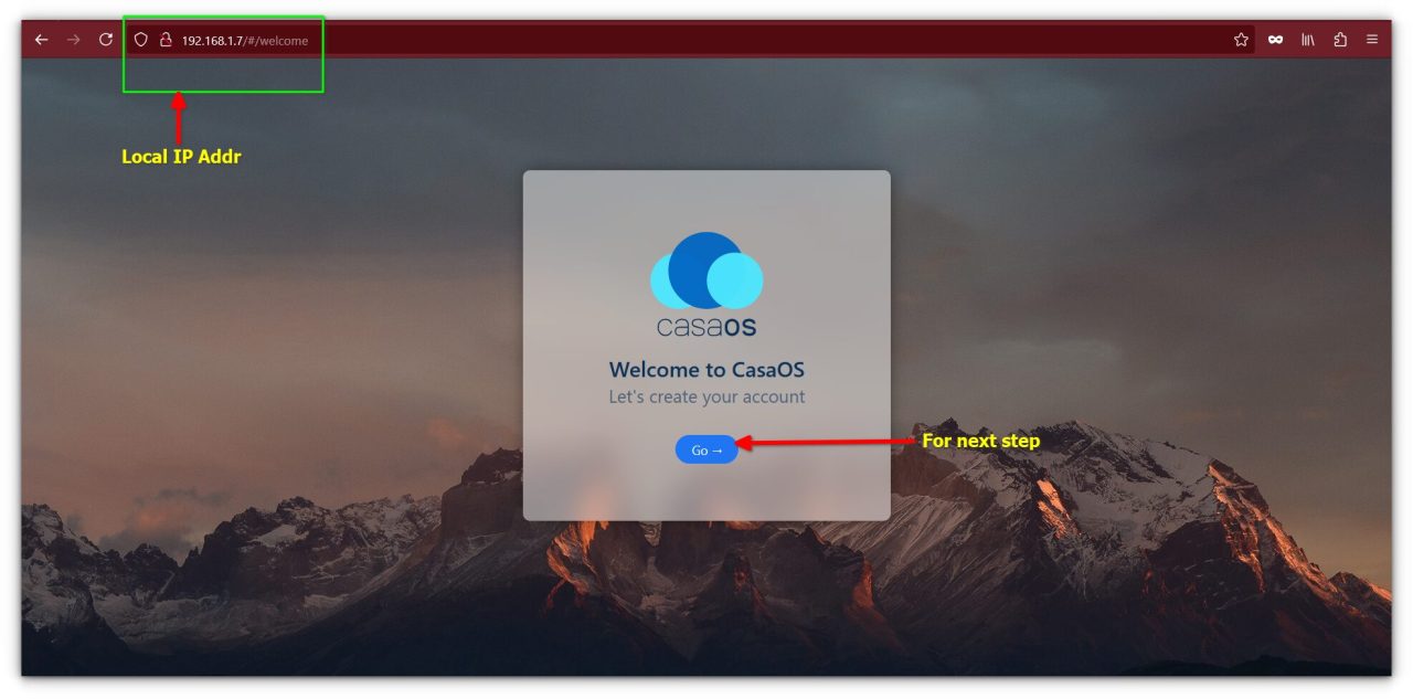 screenshot of casaos welcome screen on web browser to create an account