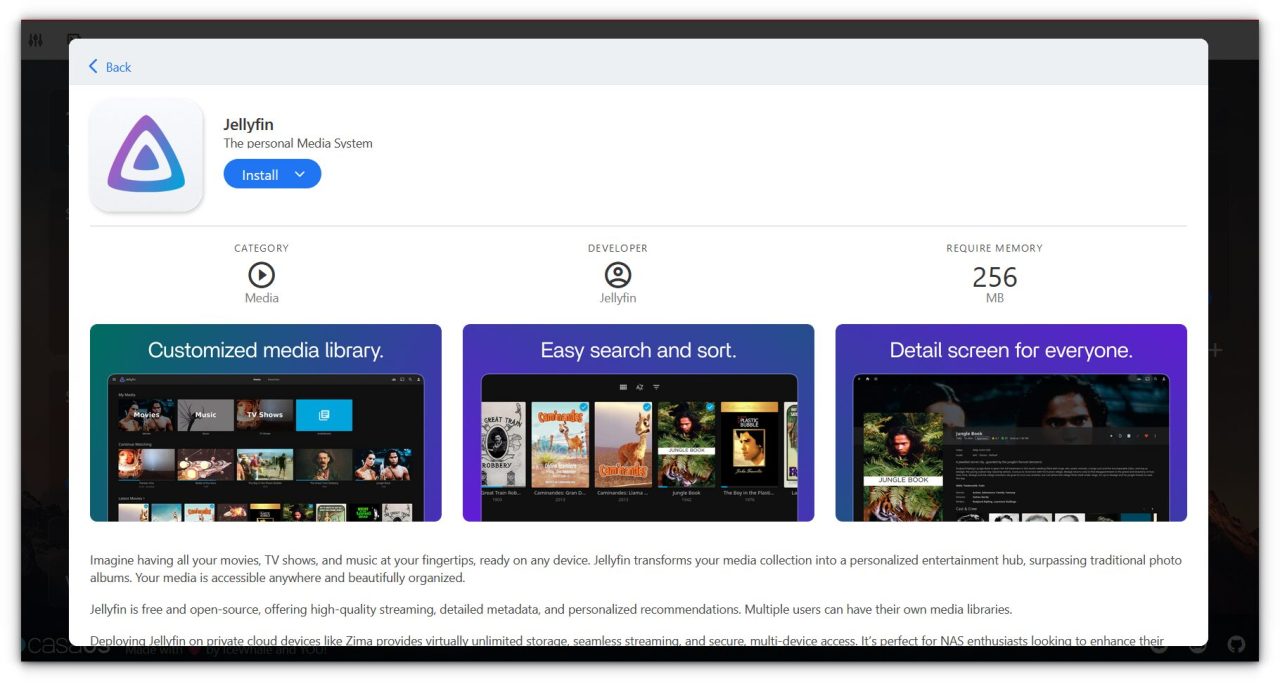 a screenshot of jellyfin app store page on casaos