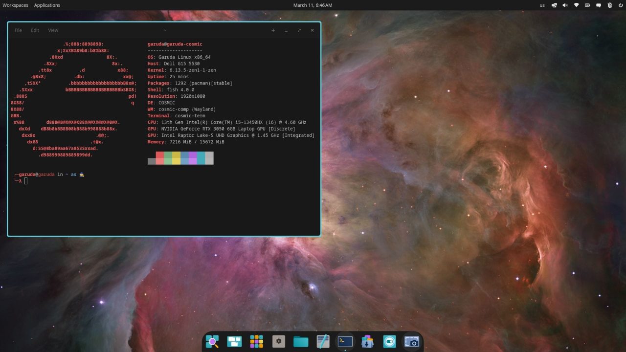 a terminal window is showing key system specs in a terminal that is running on a garuda cosmic live environment