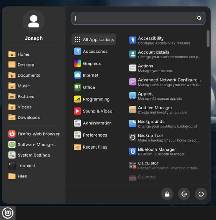 New Linux Mint's Cinnamon menu.